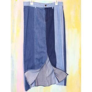 Stretch Denim SKIRT‎ Large 34"  Western PATCHWORK Beyoncé Midi Jean Skirt Slit